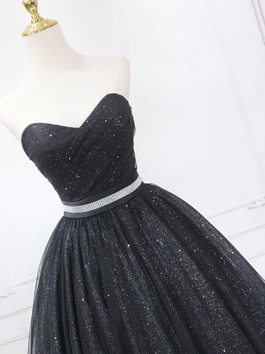 Black Shiny Tulle Tea Length Prom Dress, Black Strapless A-Line Party Dress TP840