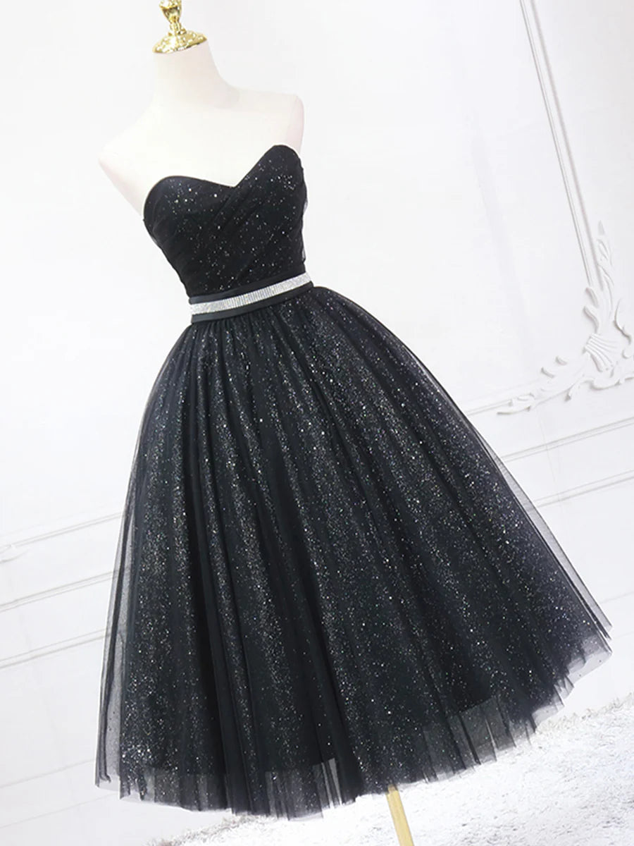 Black Shiny Tulle Tea Length Prom Dress, Black Strapless A-Line Party Dress TP840