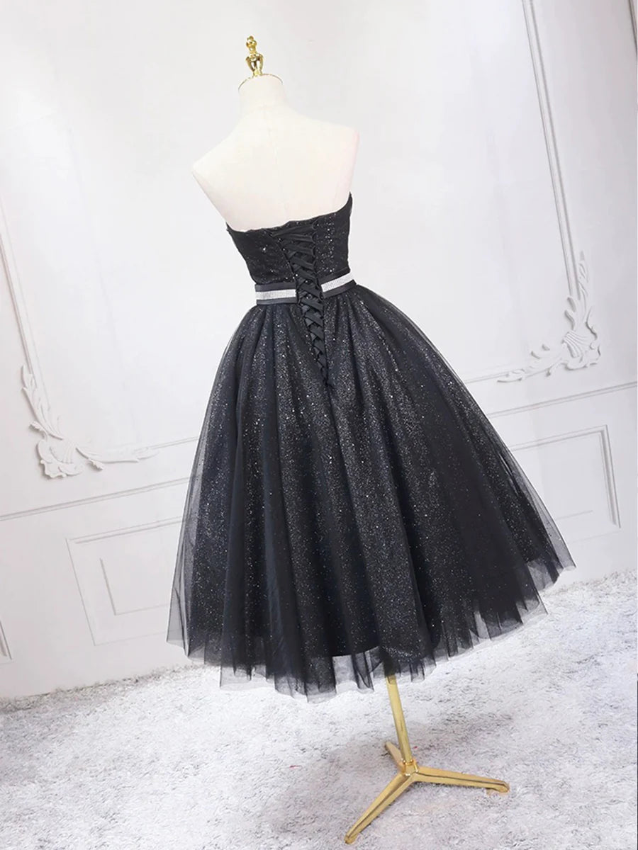 Black Shiny Tulle Tea Length Prom Dress, Black Strapless A-Line Party Dress TP840