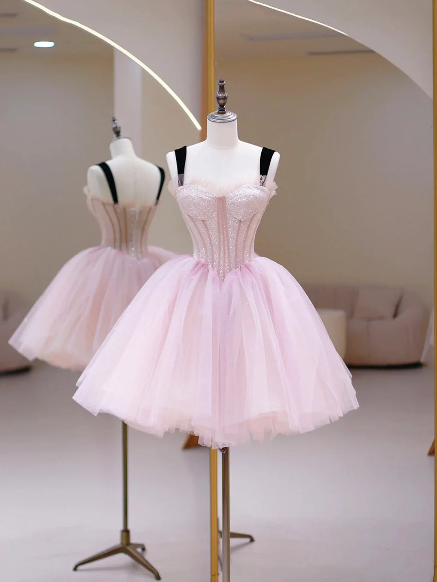 Pink Tulle Sequins Sweetheart Short Prom Dress, Pink Straps Party Dress TP841