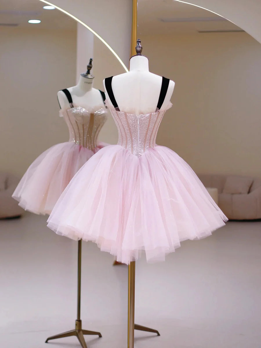 Pink Tulle Sequins Sweetheart Short Prom Dress, Pink Straps Party Dress TP841