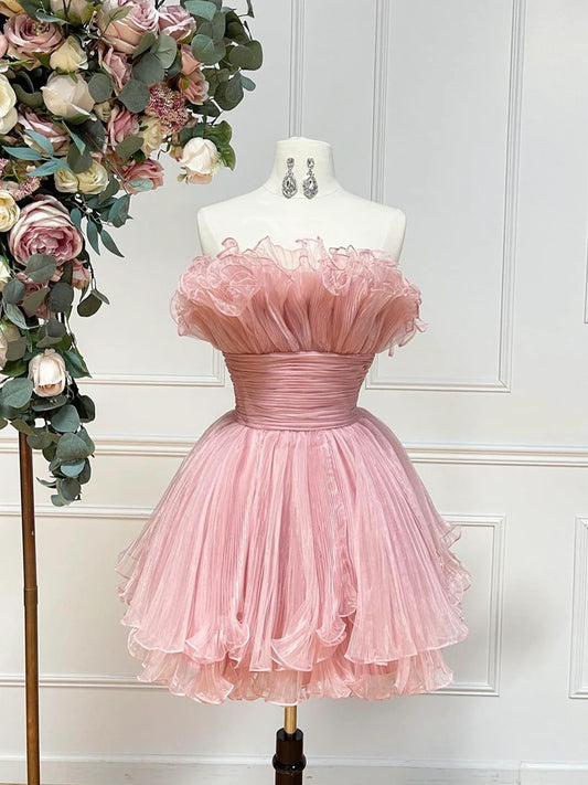 Pink Strapless Tulle Short Prom Dress, Cute A-Line Homecoming Dress TP842