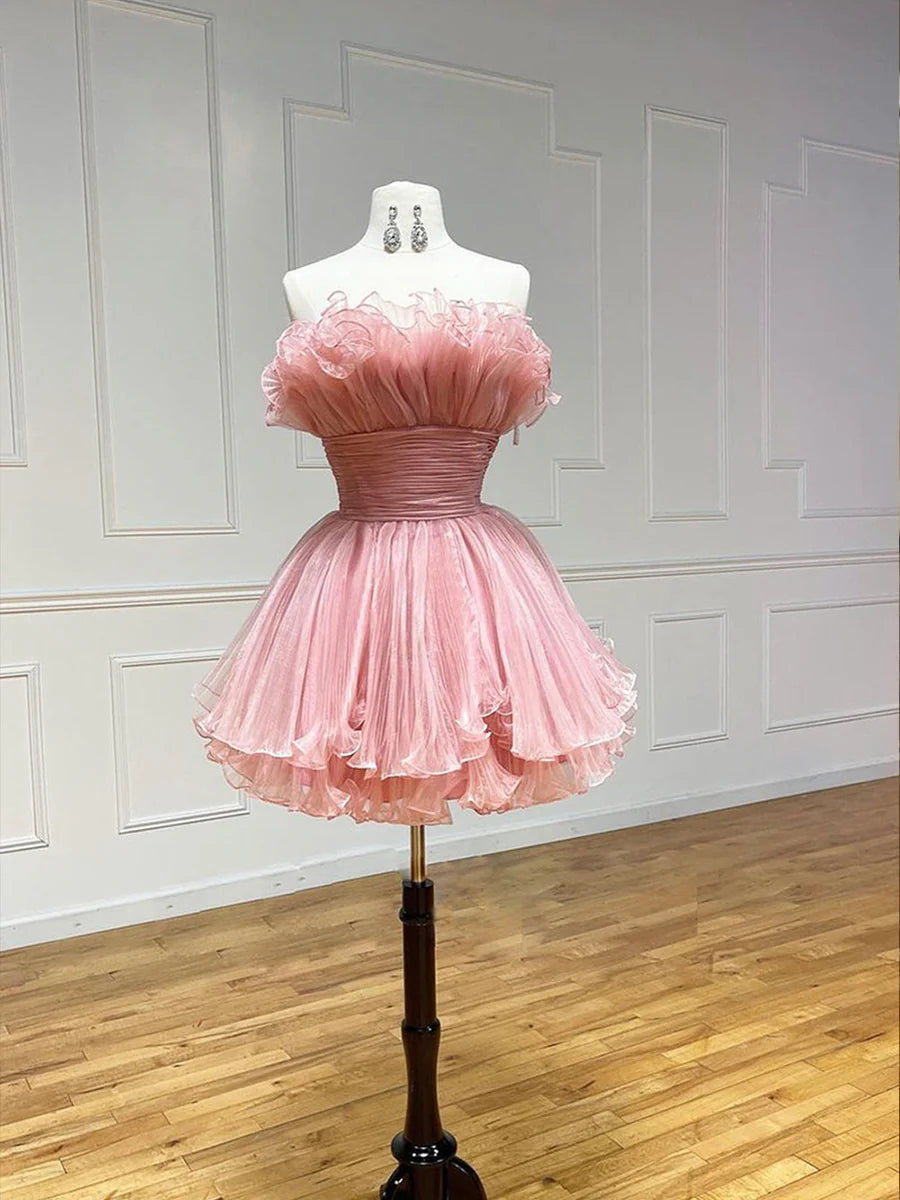 Pink Strapless Tulle Short Prom Dress, Cute A-Line Homecoming Dress TP842