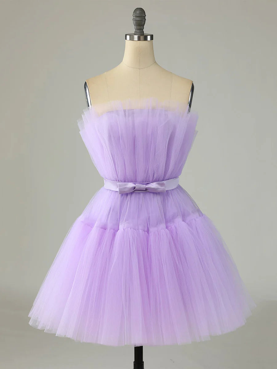 Purple Strapless Tulle Knee Length Party Dress, A-Line Homecoming Dress TP844