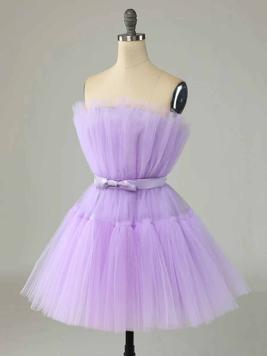 Purple Strapless Tulle Knee Length Party Dress, A-Line Homecoming Dress TP844