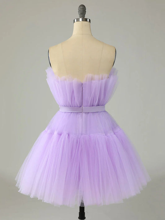 Purple Strapless Tulle Knee Length Party Dress, A-Line Homecoming Dress TP844