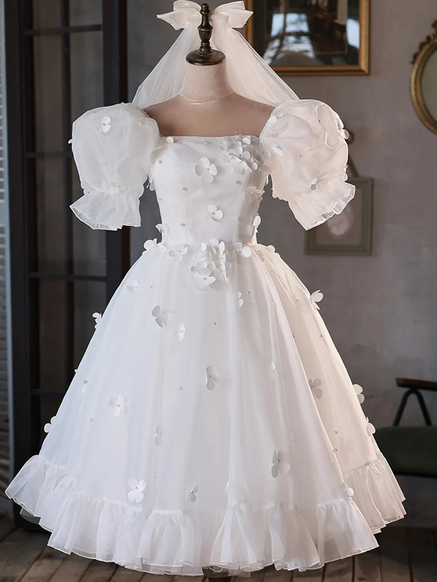 White Tulle Short A-Line Prom Dress, Cute Puff Sleeve Party Dress TP846