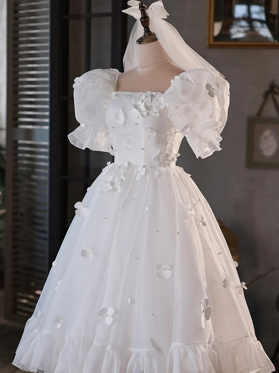 White Tulle Short A-Line Prom Dress, Cute Puff Sleeve Party Dress TP846