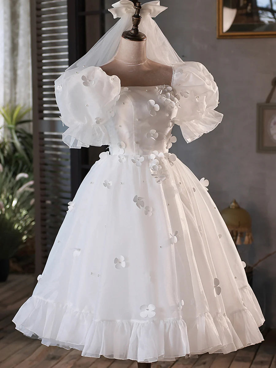 White Tulle Short A-Line Prom Dress, Cute Puff Sleeve Party Dress TP846