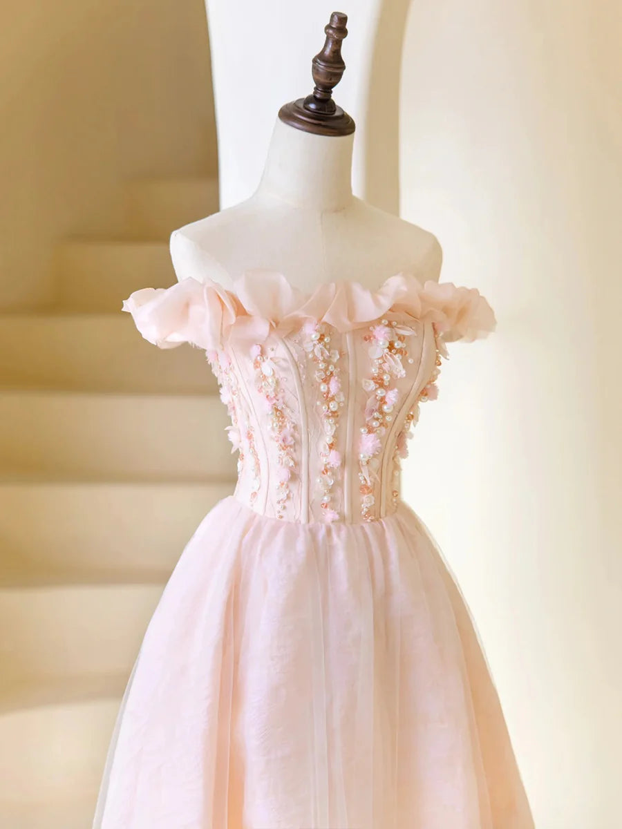 Pink Tulle Beaded Tea Length Prom Dress, Pink A-Line Off Shoulder Party Dress TP848