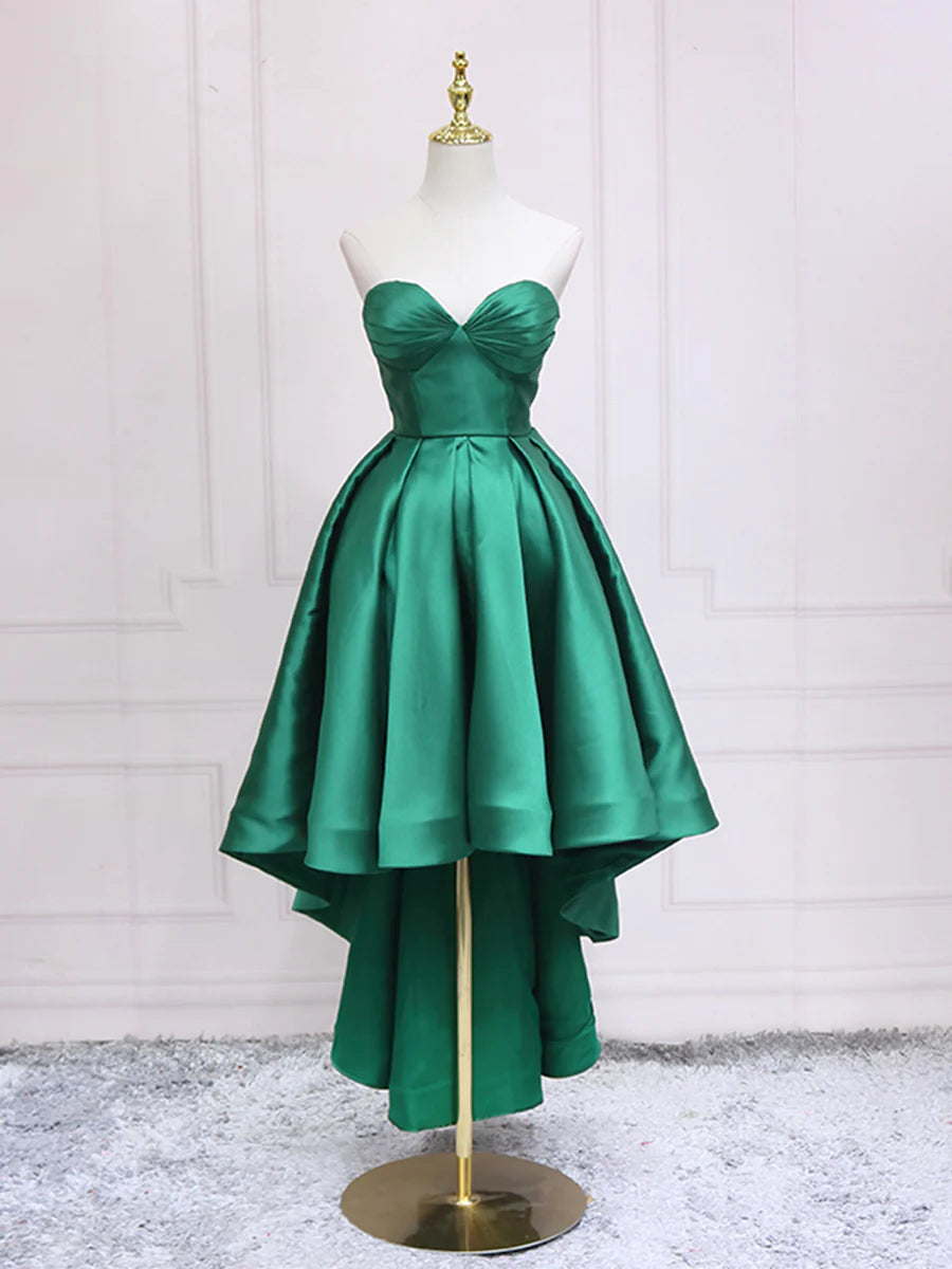 Green Satin High Low Party Dresses, Strapless Green Homecoming Dresses TP849