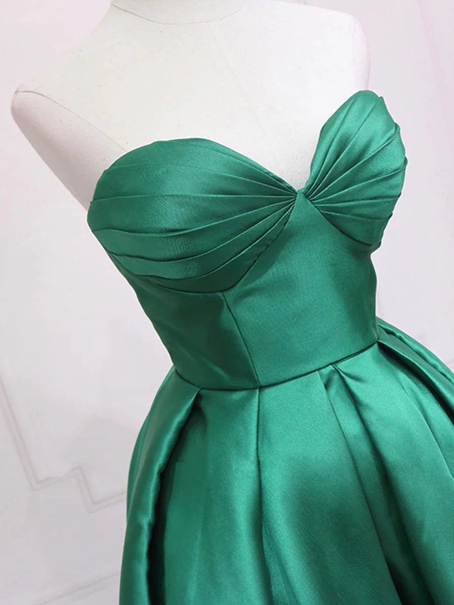 Green Satin High Low Party Dresses, Strapless Green Homecoming Dresses TP849