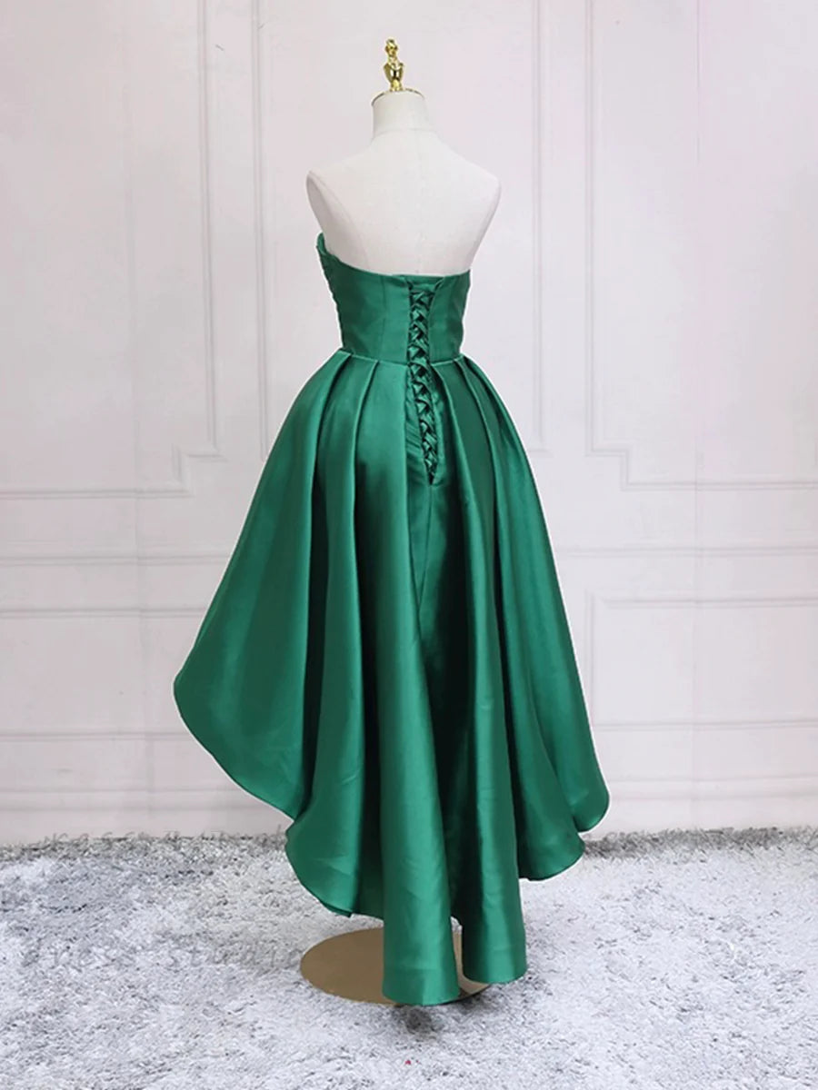 Green Satin High Low Party Dresses, Strapless Green Homecoming Dresses TP849