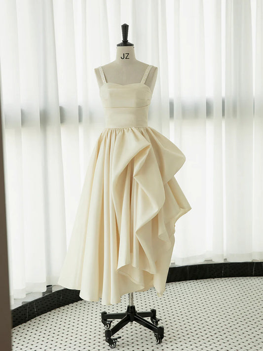 Irregular Champagne Tea Length Prom Dress, Simple A-Line Evening Party Dress TP850