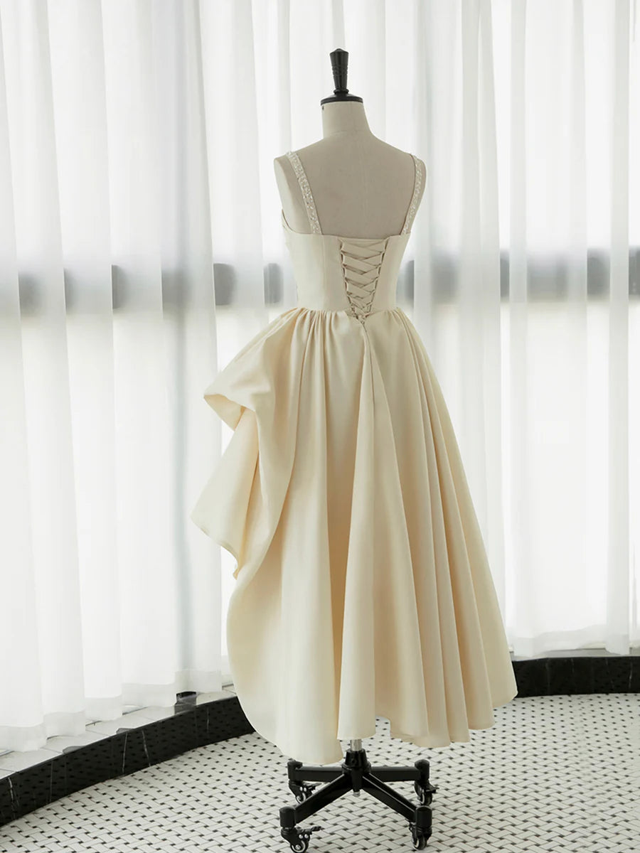 Irregular Champagne Tea Length Prom Dress, Simple A-Line Evening Party Dress TP850