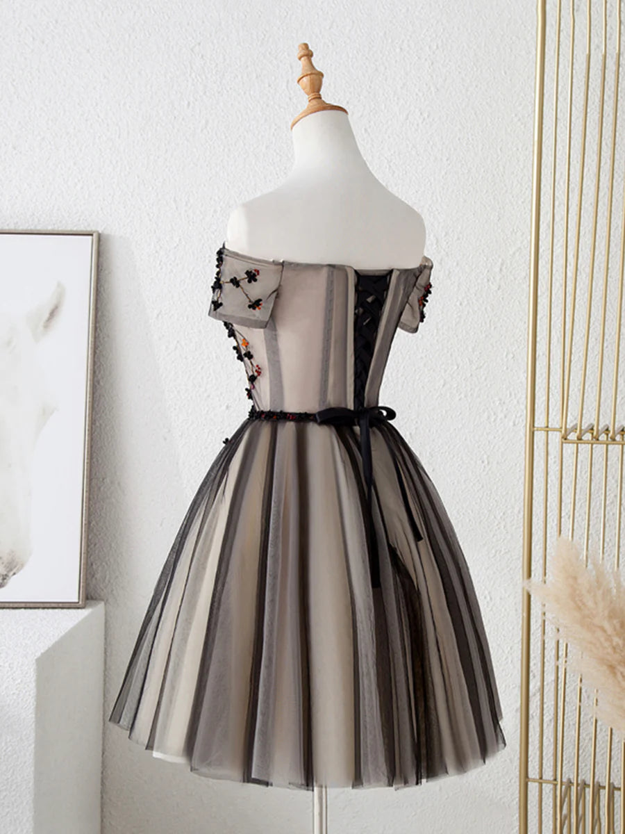 Cute Tulle Short Prom Dress with Flowers, Black Tulle Party Dress TP855