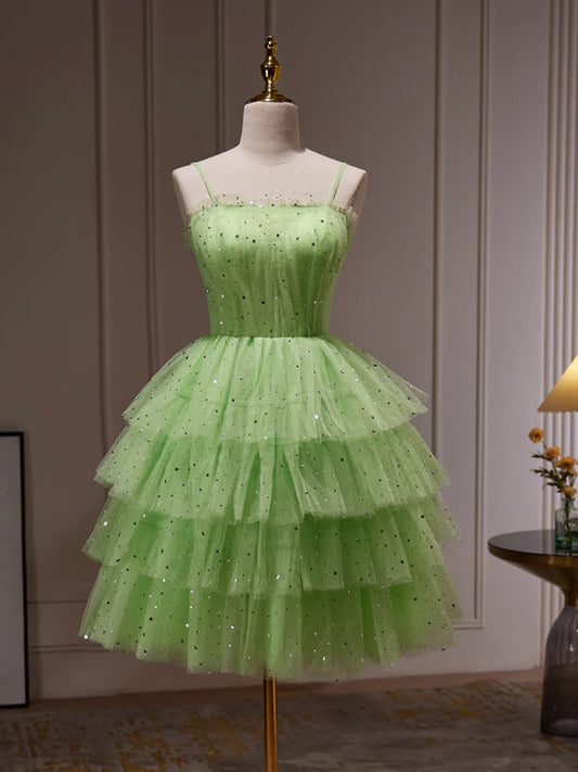 Green Tulle Straps Short Party Dress, Light Green Homecoming Dress TP856