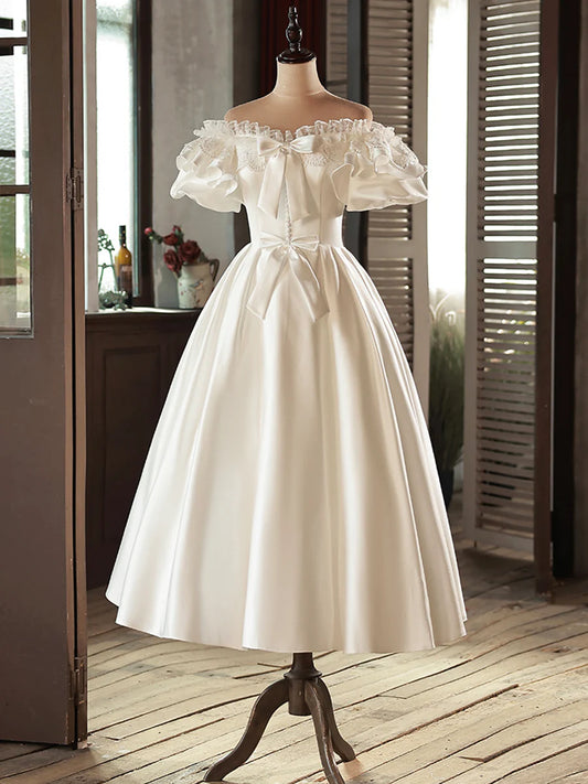 White Satin Lace Short Prom Dress, White Evening Dress, Wedding Dress TP858