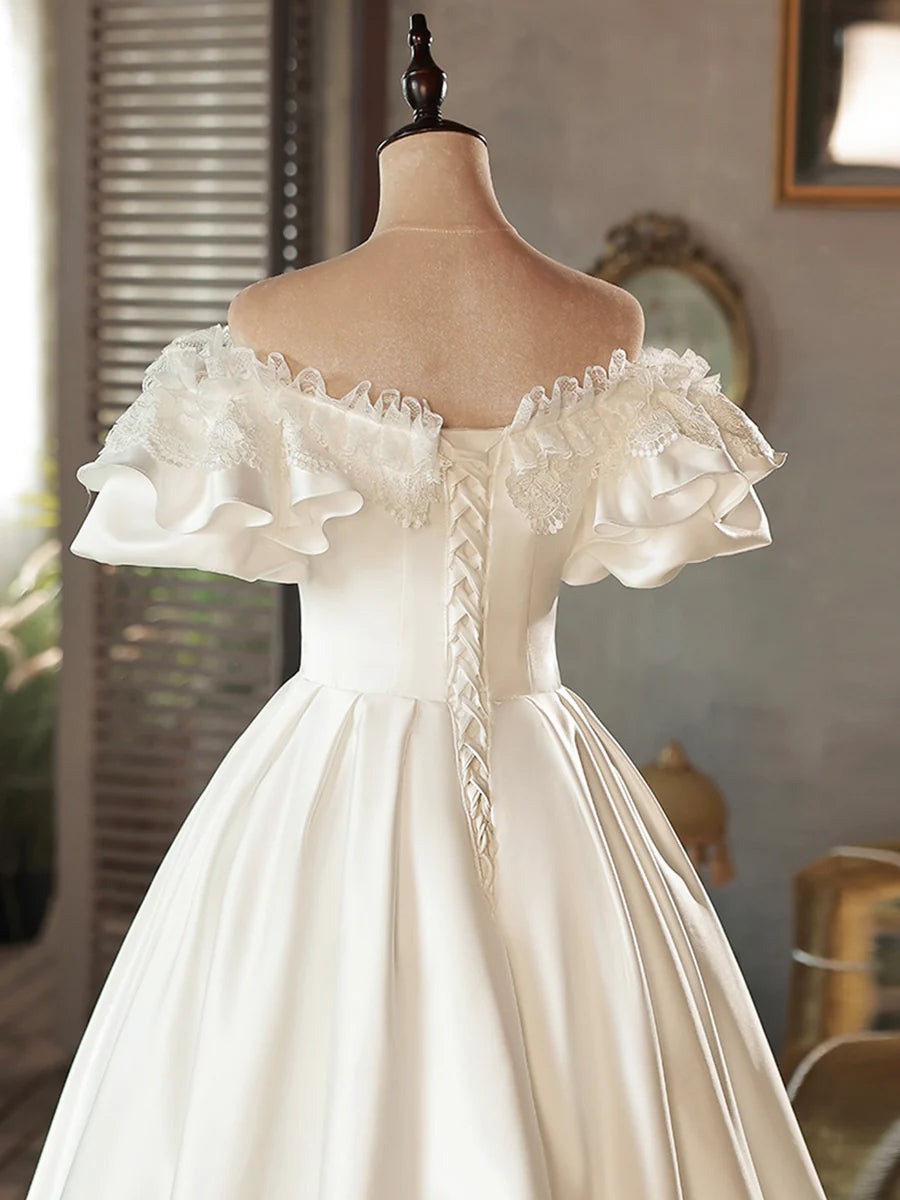 White Satin Lace Short Prom Dress, White Evening Dress, Wedding Dress TP858