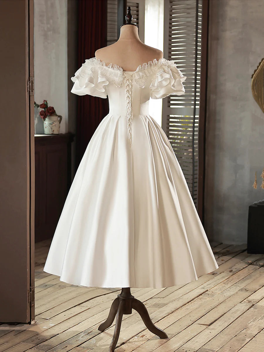 White Satin Lace Short Prom Dress, White Evening Dress, Wedding Dress TP858