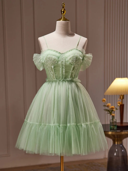 Green Tulle Lace Short Prom Dress, Cute Homecoming Dress, Green Party Dress TP859