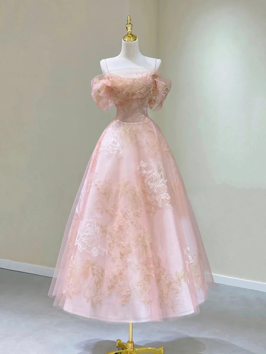 Pink Spaghetti Strap Tulle Lace Short Prom Dress, Cute A-Line Party Dress TP860