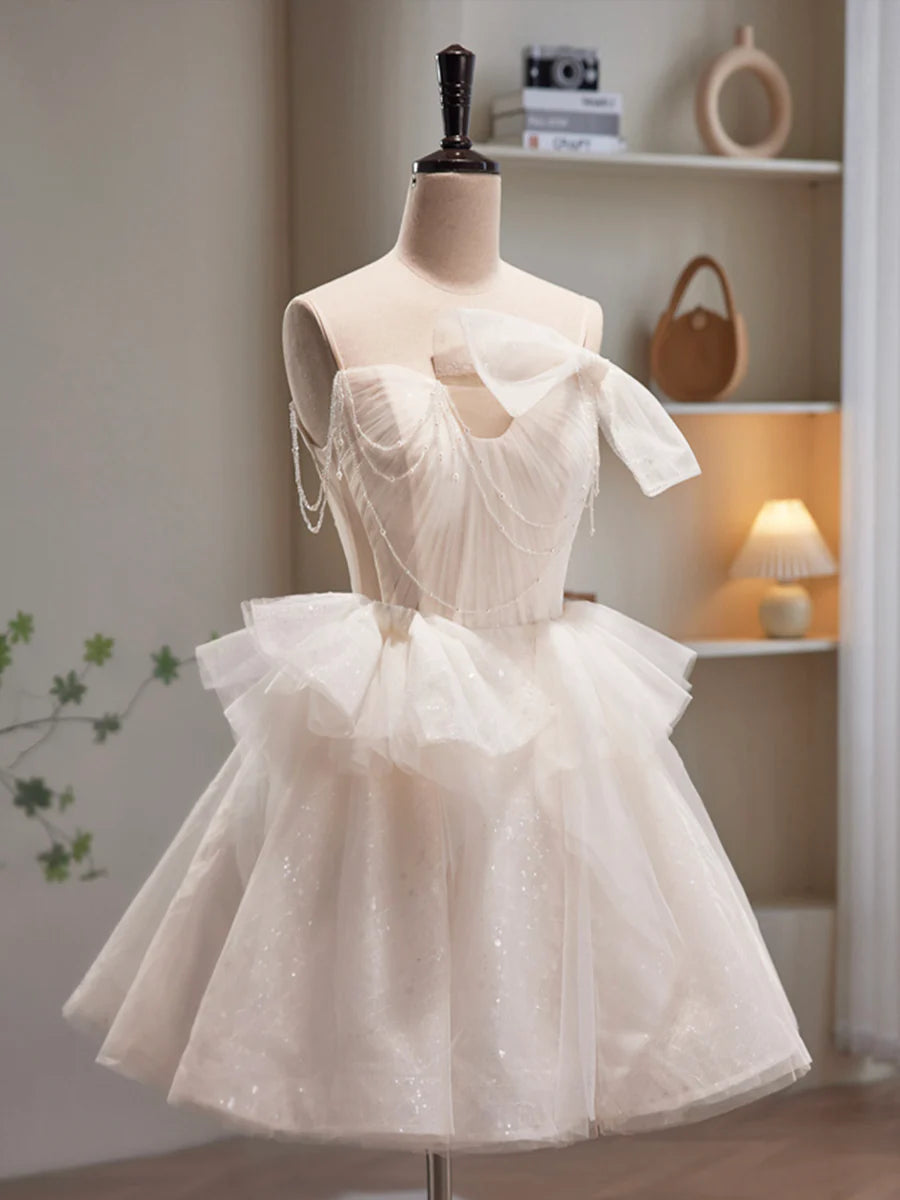 Champagne Spaghetti Strap Tulle Short Prom Dress, Cute A-Line Homecoming Dress TP861