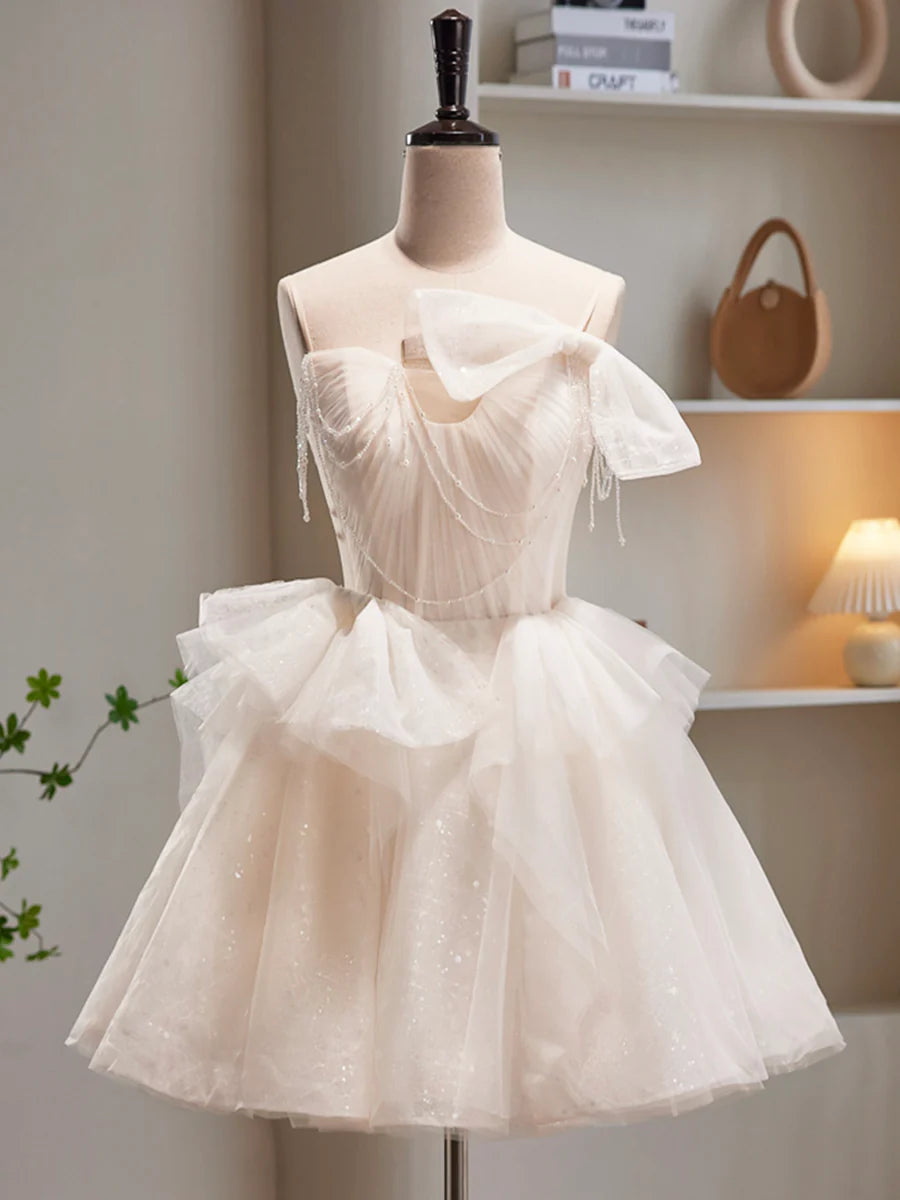 Champagne Spaghetti Strap Tulle Short Prom Dress, Cute A-Line Homecoming Dress TP861