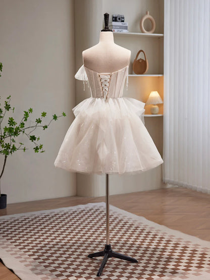 Champagne Spaghetti Strap Tulle Short Prom Dress, Cute A-Line Homecoming Dress TP861