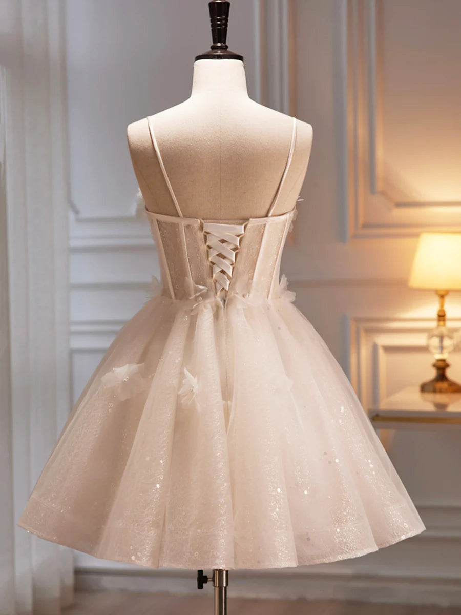 Champagne Spaghetti Strap Party Dress, Cute A-Line Evening Dress Homecoming Dress TP863