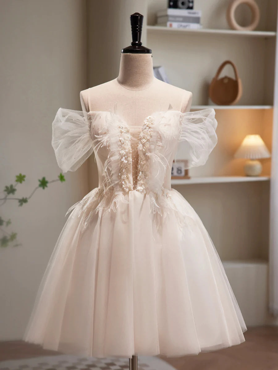 Champagne Tulle Sequins Short Prom Dress, Cute A-Line Homecoming Dress TP864