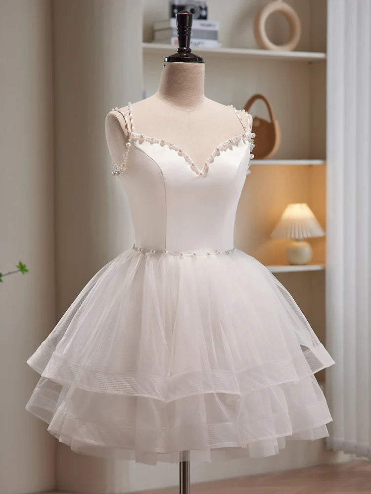 White Spaghetti Strap Tulle Short Prom Dress, Cute A-Line Party Dress TP865