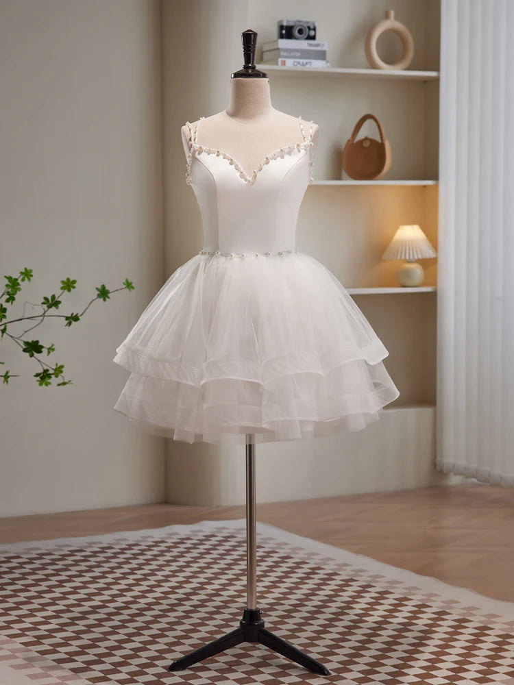 White Spaghetti Strap Tulle Short Prom Dress, Cute A-Line Party Dress TP865