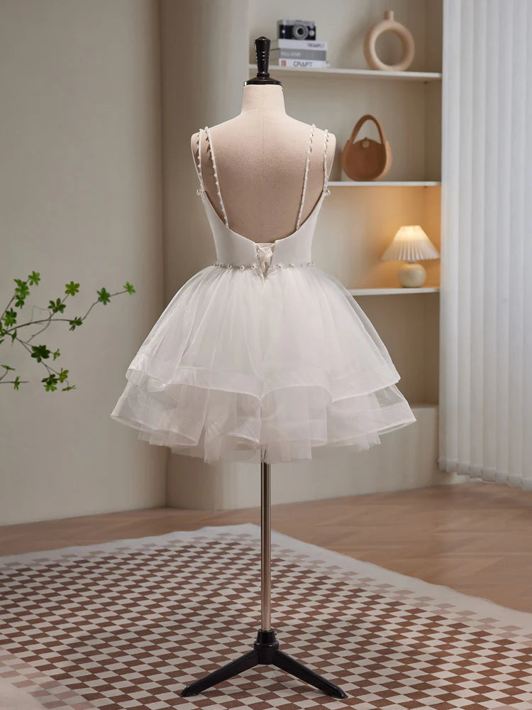 White Spaghetti Strap Tulle Short Prom Dress, Cute A-Line Party Dress TP865