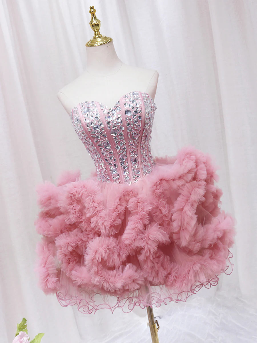 Pink Sweetheart Neckline Tulle Short Prom Dress with Rhinestones, Cute Party Dress TP868