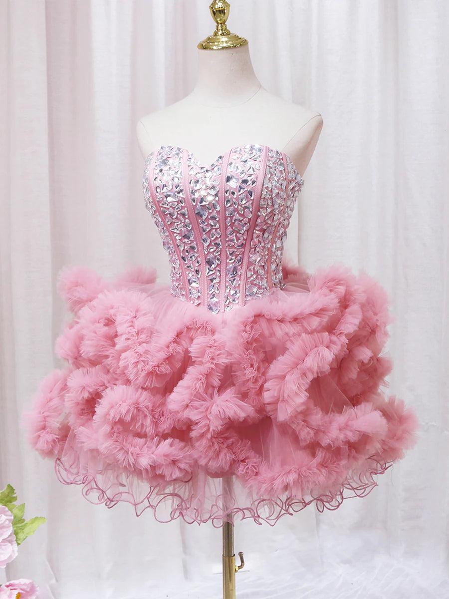 Pink Sweetheart Neckline Tulle Short Prom Dress with Rhinestones, Cute Party Dress TP868