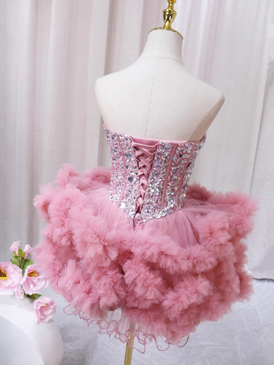 Pink Sweetheart Neckline Tulle Short Prom Dress with Rhinestones, Cute Party Dress TP868