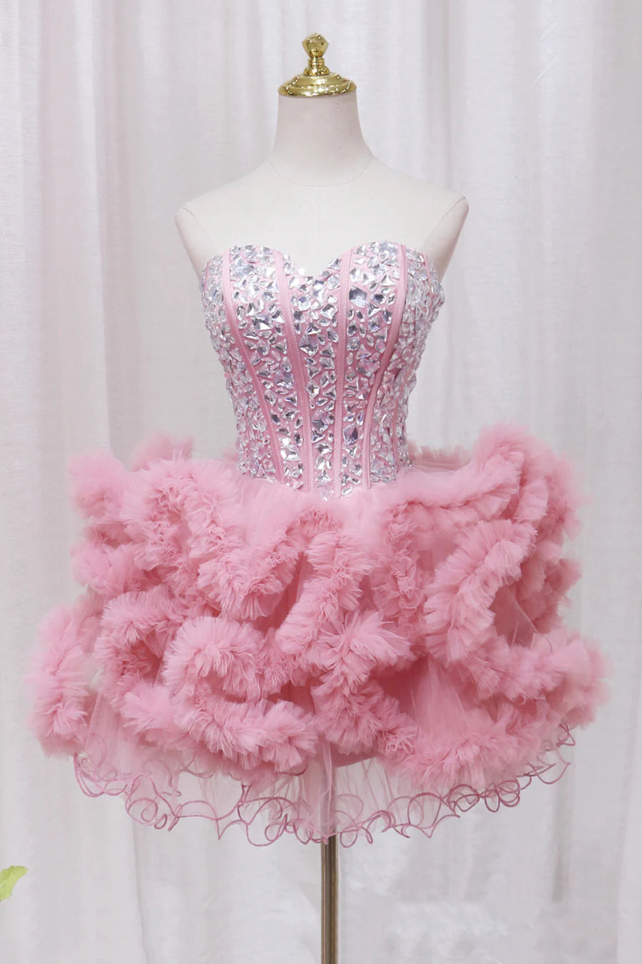 Pink Sweetheart Neckline Tulle Short Prom Dress with Rhinestones, Cute Party Dress TP868