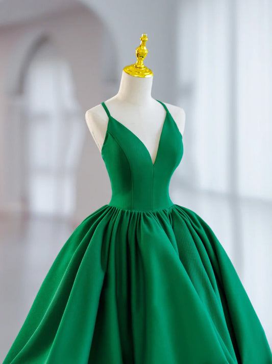 Green V-Neck Satin Short Prom Dress, A-Line Green Evening Dress TP869