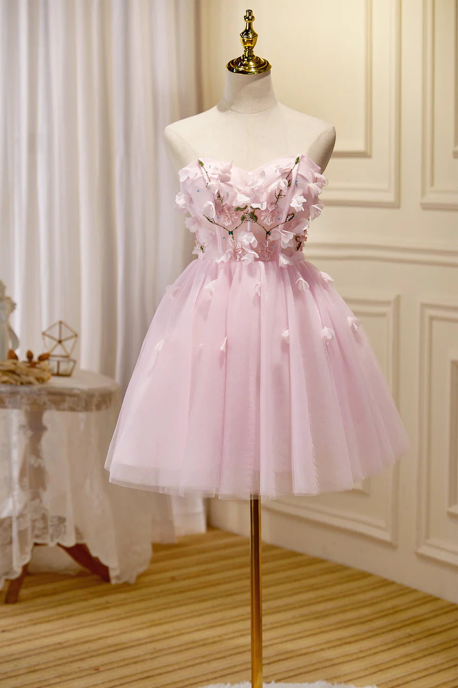 Pink Tulle Short Prom Dress, Pink A-Line Strapless Homecoming Dress TP874