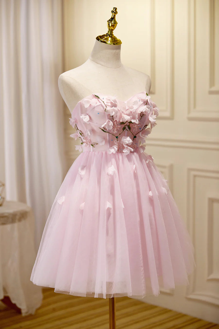 Pink Tulle Short Prom Dress, Pink A-Line Strapless Homecoming Dress TP874