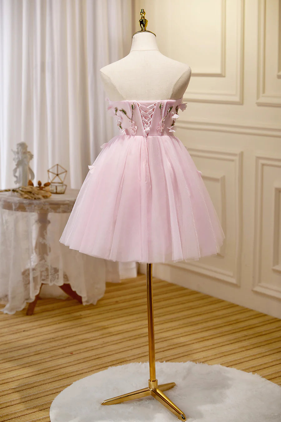 Pink Tulle Short Prom Dress, Pink A-Line Strapless Homecoming Dress TP874