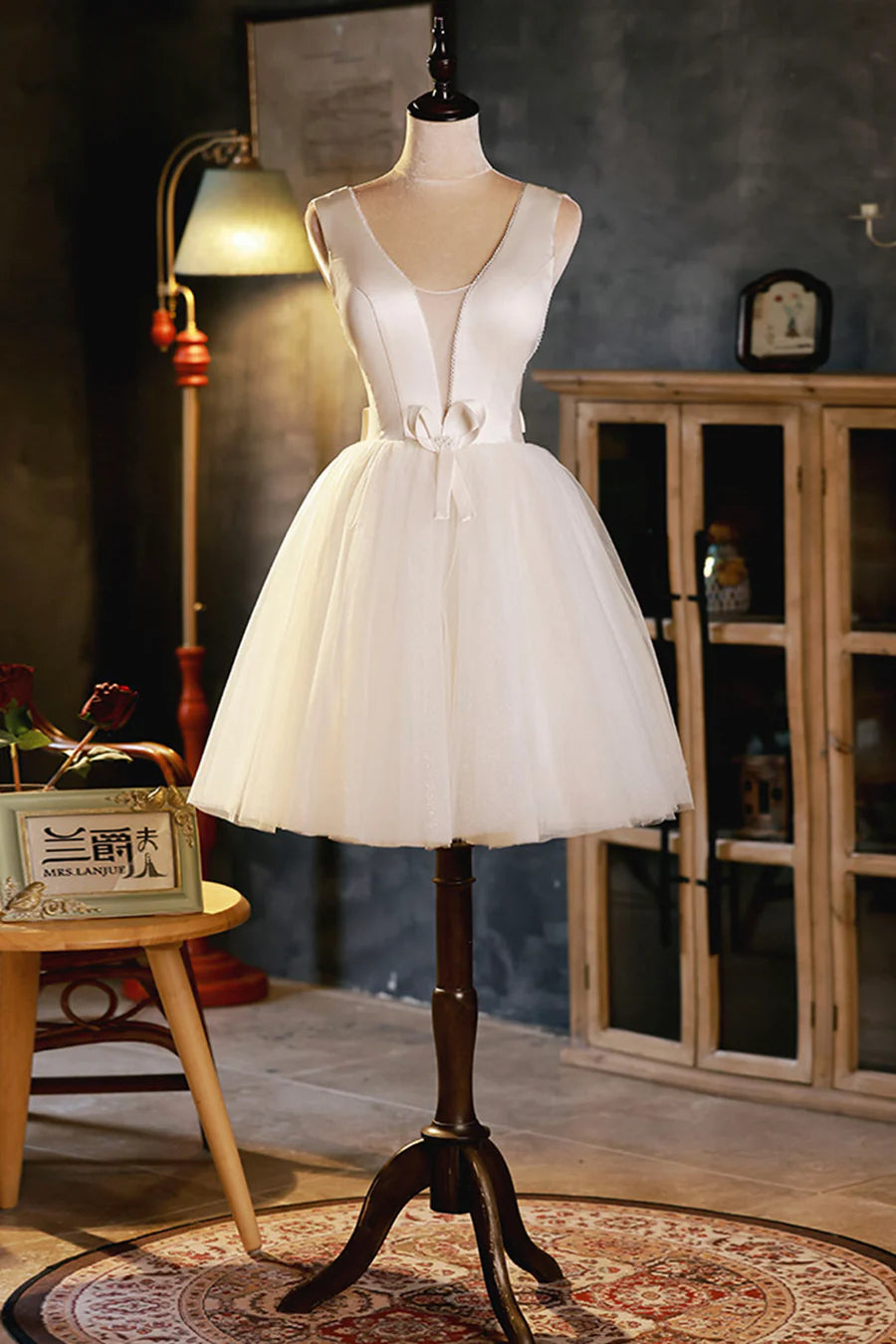 Champagne V-Neck Tulle Short Prom Dress, A-Line Evening Party Dress TP880