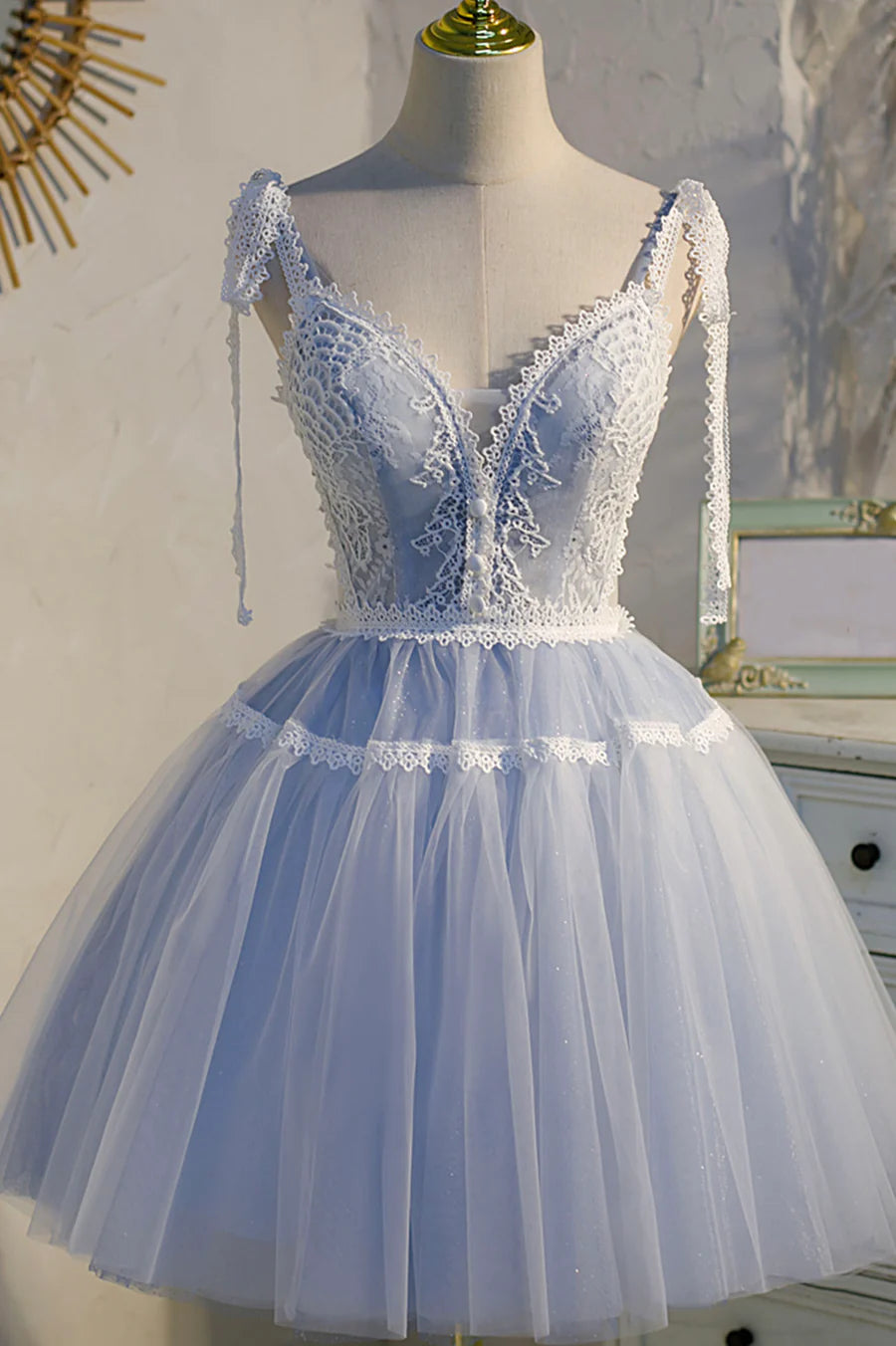 Previous Next   Blue Lace Short A-Line Prom Dress, Cute Spaghetti Strap Party Dress TP890