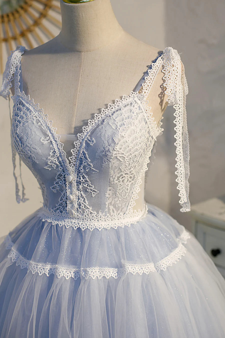 Previous Next   Blue Lace Short A-Line Prom Dress, Cute Spaghetti Strap Party Dress TP890