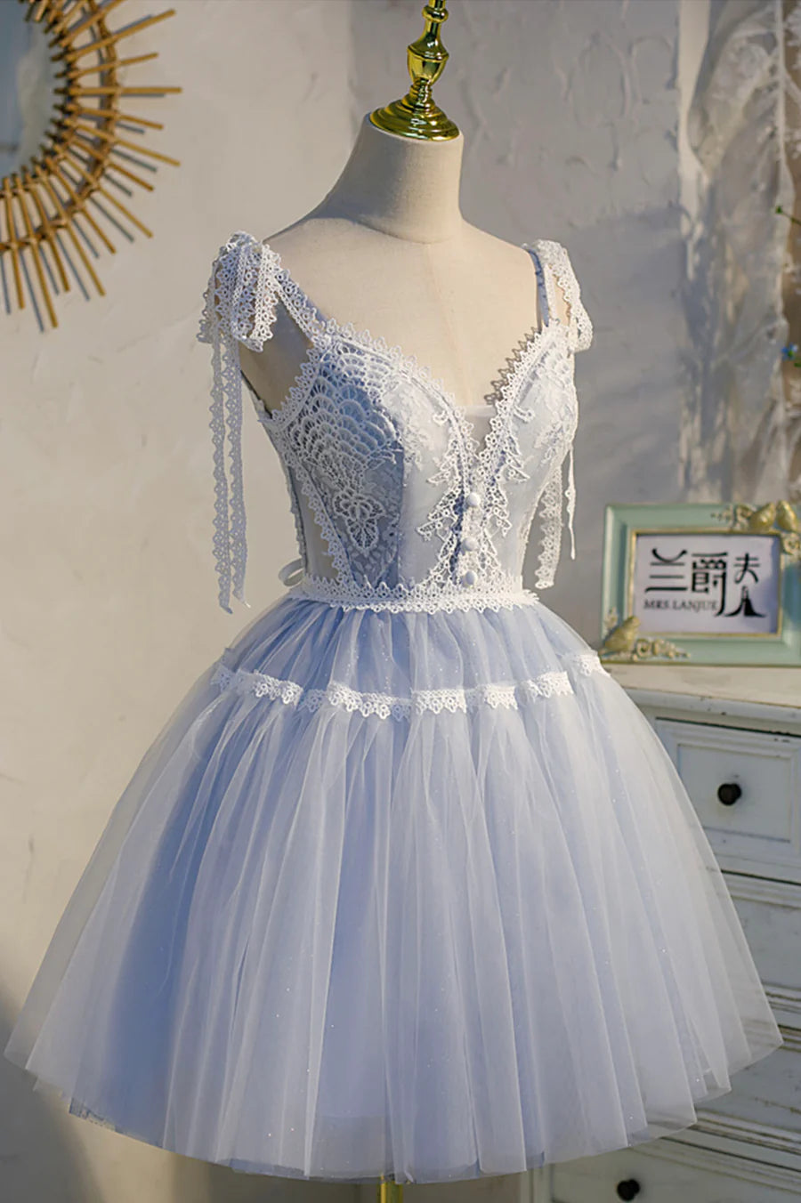 Previous Next   Blue Lace Short A-Line Prom Dress, Cute Spaghetti Strap Party Dress TP890