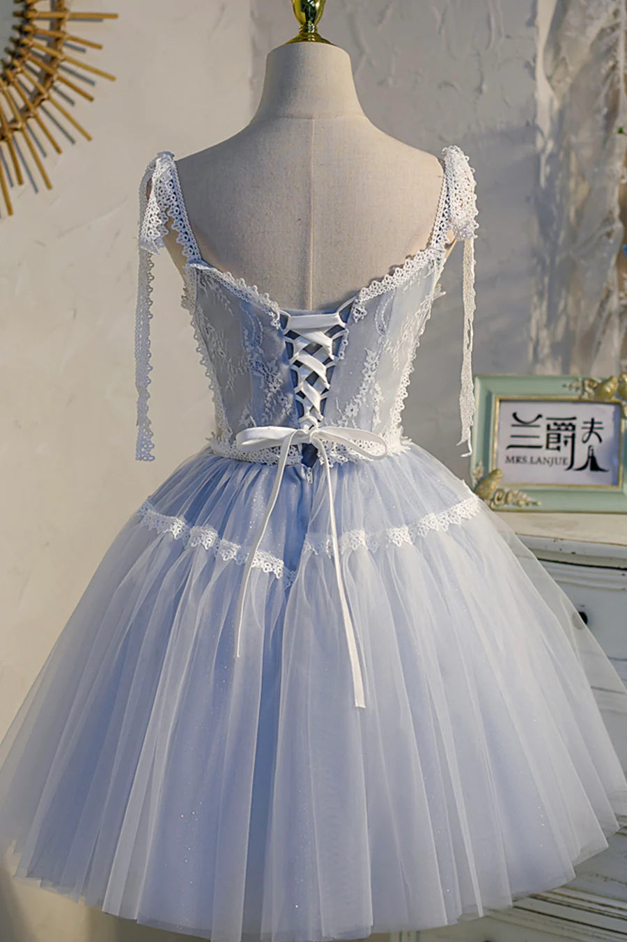 Previous Next   Blue Lace Short A-Line Prom Dress, Cute Spaghetti Strap Party Dress TP890