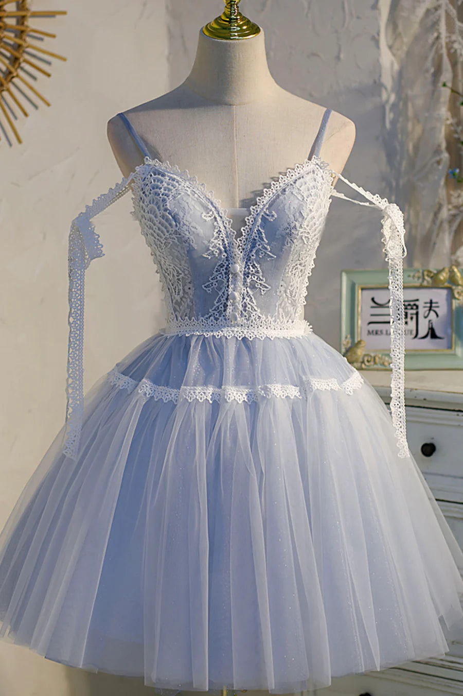 Previous Next   Blue Lace Short A-Line Prom Dress, Cute Spaghetti Strap Party Dress TP890