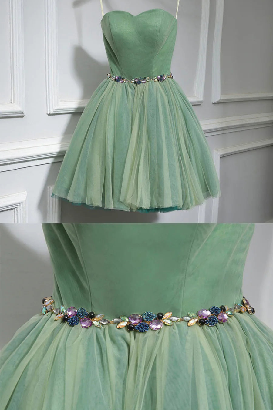 Green Strapless Tulle Short Prom Dress, A-Line Evening Party Dress TP891