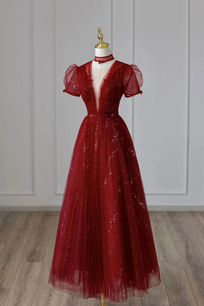 Burgundy Tulle Sequins Tea Length Prom Dress, A-Line Evening Dress TP905